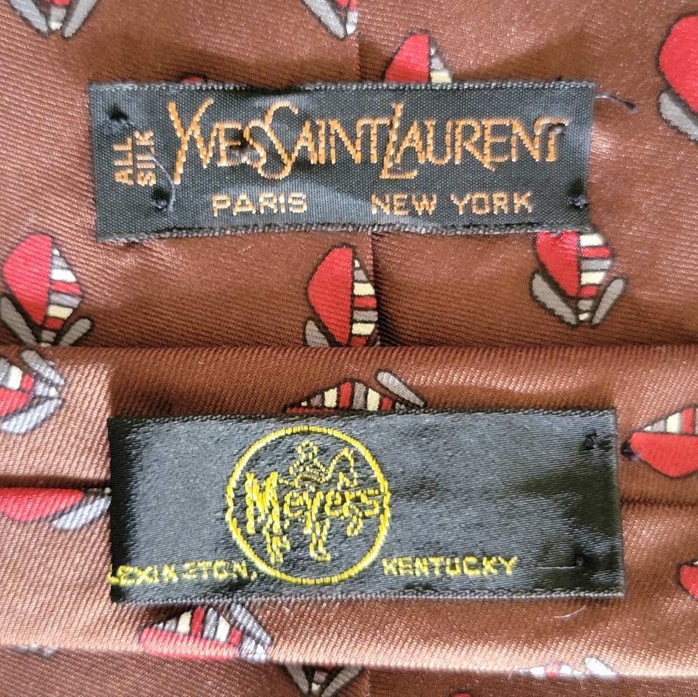 Vintage Yves Saint Laurent Brown Silk Scarf w/ Red and Gray Leaf Print LIKE NEW - Picture 3 of 6